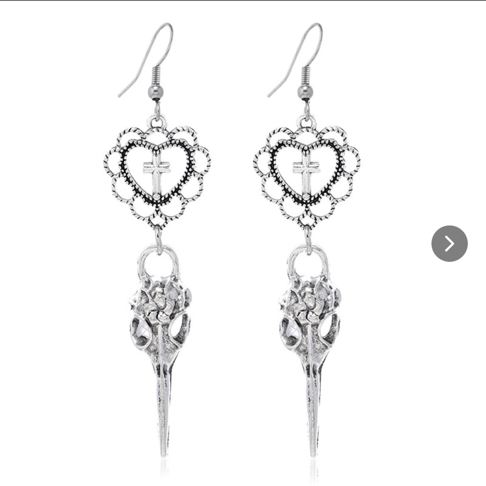 Silver Heart Cross & Bird Skull Drop Earrings - NWOT
